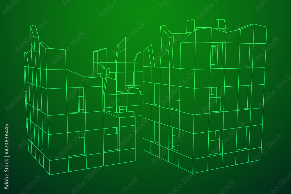 Destroyed building ruin and concrete, war destruction concept. Wireframe low poly mesh vector illustration. Destroyed building ruin and concrete, war destruction concept. Wireframe low poly mesh vector illustration.