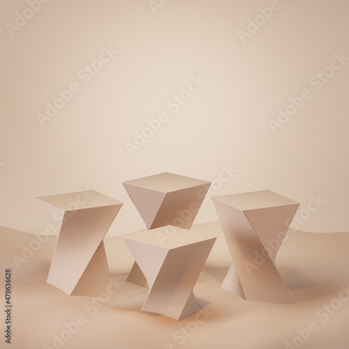 Abstract platform podium on sand dunes background. Stone pedestal premium podium .Realistic pastel mock-up for products promotion  cosmetics presentation. 3d render 