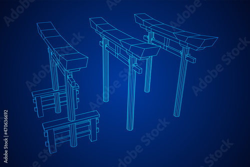 Torii sacred traditional gate. Symbol of Japan,shintoism religion. Japanese Tori arch ancient entrance. Wireframe low poly mesh vector illustration