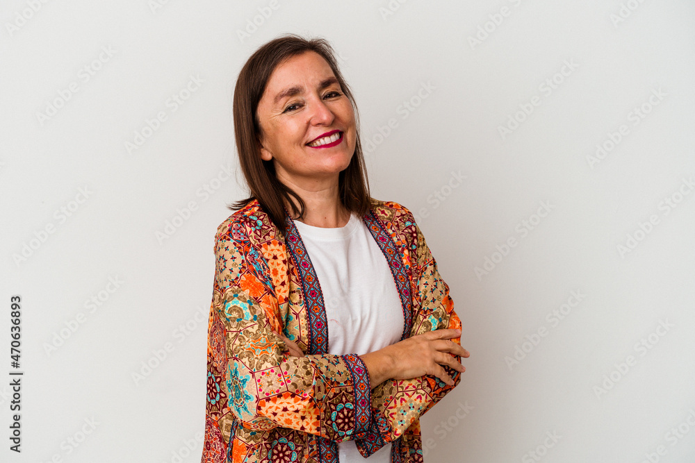Middle age caucasian woman isolated on white background who feels confident, crossing arms with determination. Middle age caucasian woman isolated on white background who feels confident, crossing arms with determination.
