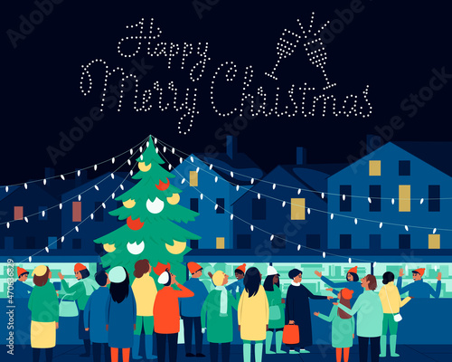 People at the Christmas market watch a drone show in the night sky. Merry Christmas greetings from the drone show. Bright Christmas card. Flat vector illustration.