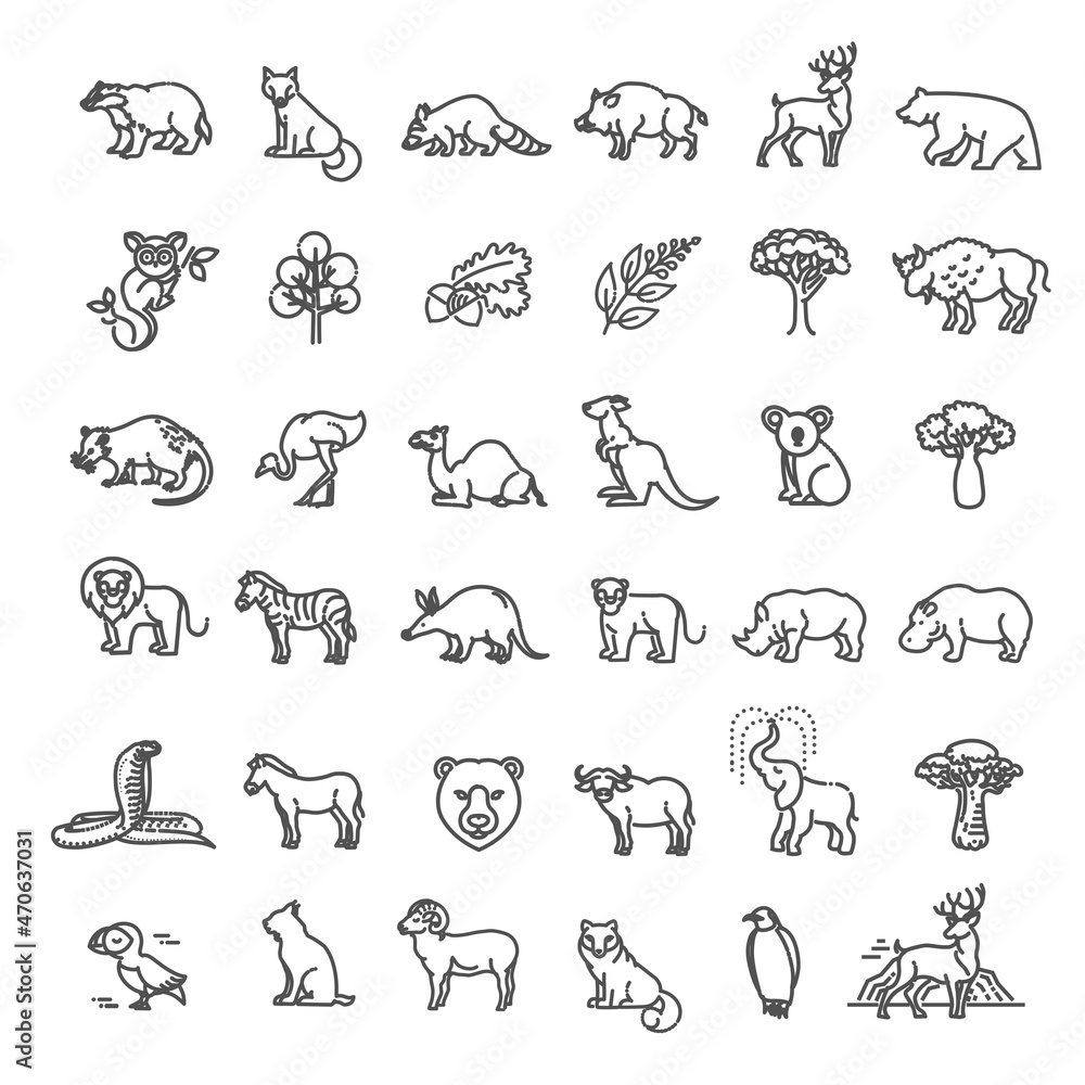 Fototapeta premium Animal icons. Vector outline icon set. Zoo Line animals concepts, Icons set