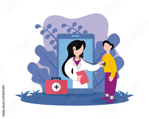 illustration vector graphic of a doctor is checking a patient online via smartphone, perfect for pharmacy, healthy, hospital, etc.