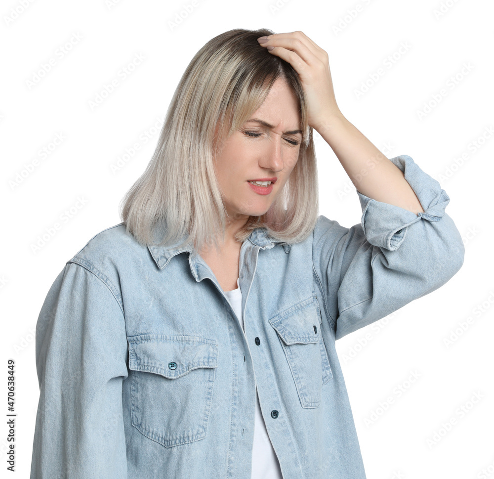 Woman suffering from headache on white background Woman suffering from headache on white background