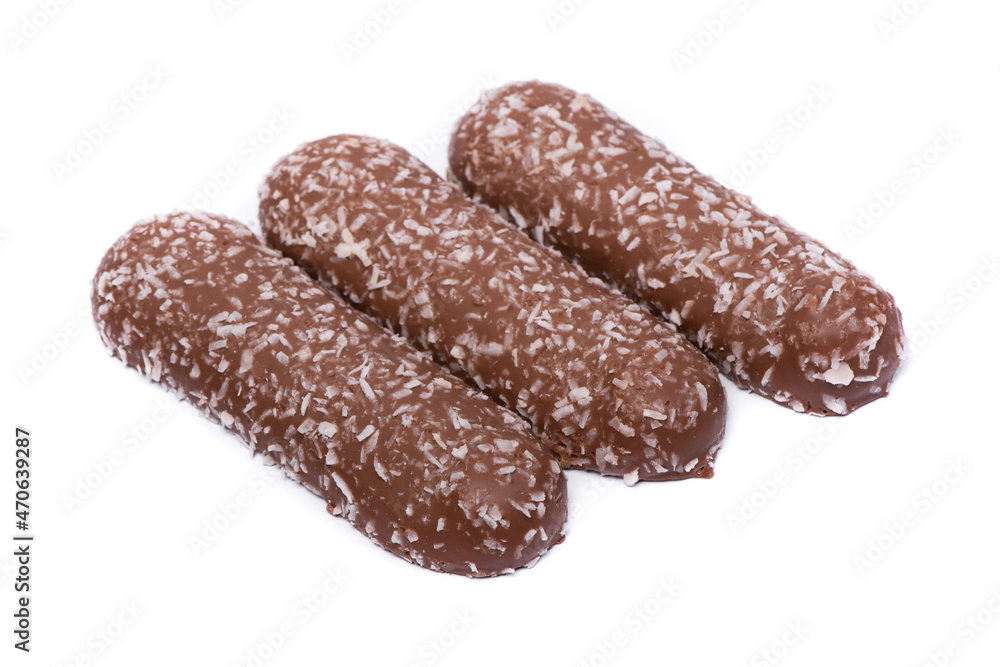 Group of long chocolate bars with coconut powder Group of long chocolate bars with coconut powder