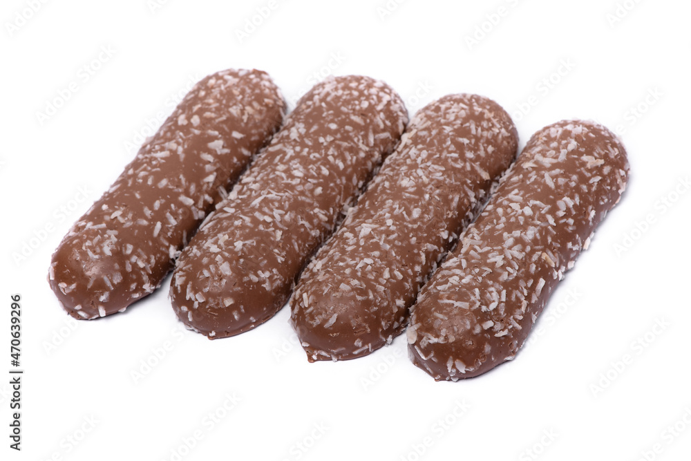 Group of long chocolate bars with coconut powder Group of long chocolate bars with coconut powder