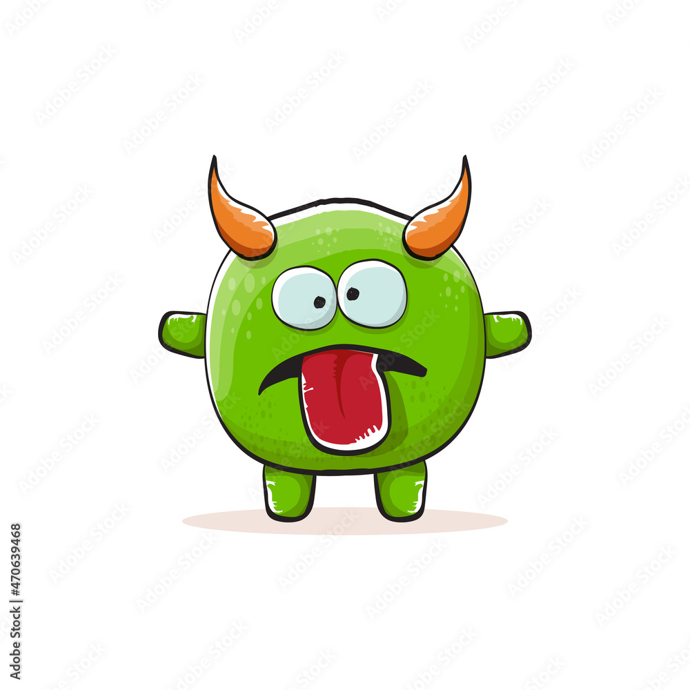 Vector cartoon funky green monster with horn isolated on white background. Smiling silly green monster print sticker design template. Ghost, troll, gremlin, goblin, devil and monster Vector cartoon funky green monster with horn isolated on white background. Smiling silly green monster print sticker design template. Ghost, troll, gremlin, goblin, devil and monster