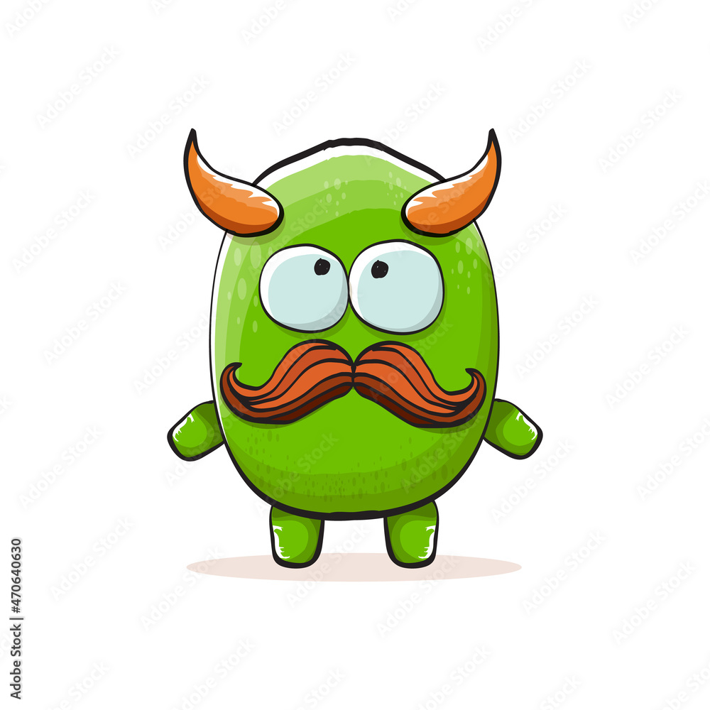 Vector cartoon funky green monster with horn isolated on white background. Smiling silly green monster print sticker design template. Ghost, troll, gremlin, goblin, devil and monster Vector cartoon funky green monster with horn isolated on white background. Smiling silly green monster print sticker design template. Ghost, troll, gremlin, goblin, devil and monster