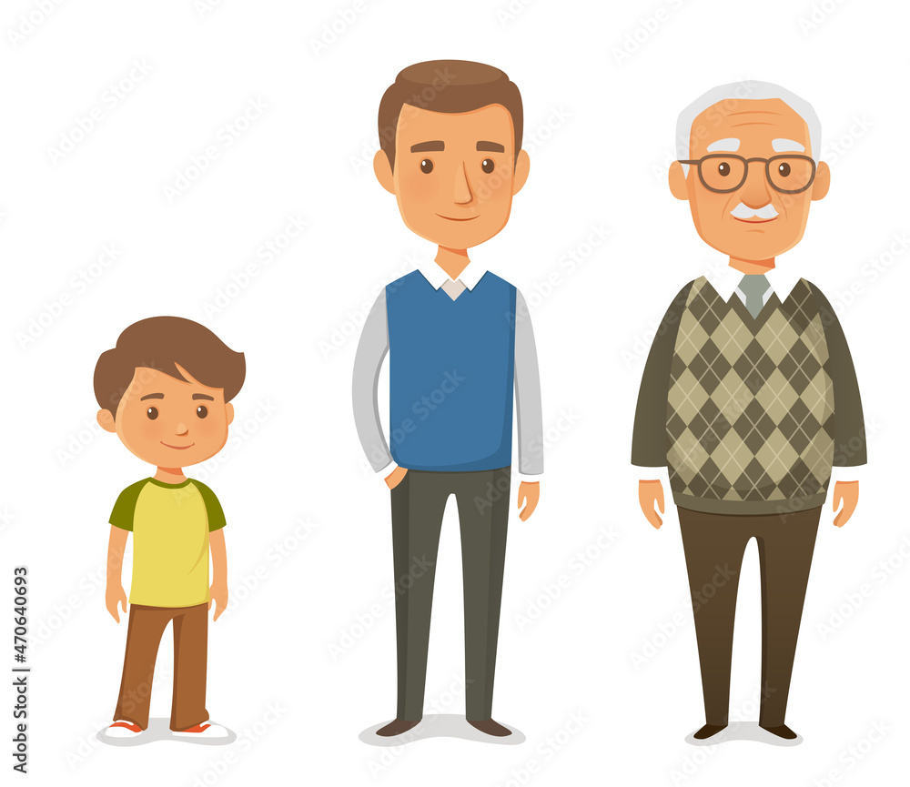 cute cartoon family members - son, father and grandfather cute cartoon family members - son, father and grandfather
