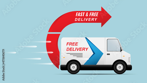 fast and Free delivery service illustration vector, free and fast food delivery with van for website, banner, flyer business in modern flat style design 