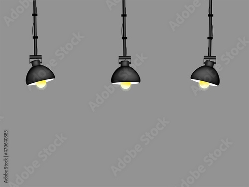 Lamps, chandeliers with a light bulb are attached to the ceiling. A powerful light source illuminates the show, stage, stage event and the surrounding area. Vector illustration
