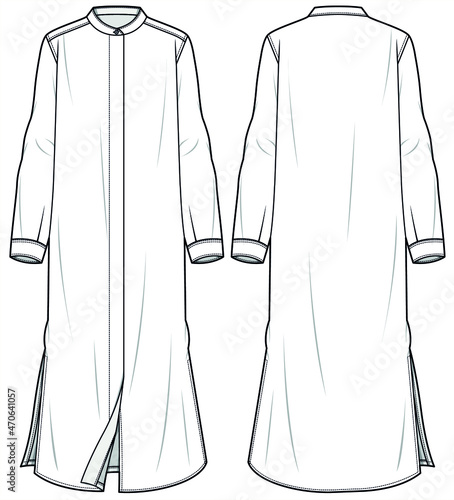 Long Sleeve Mandarin Collar Full Placket Maxi Dress With Side Slit, Modesty Abaya, Modesty Dress. Front and Back View. Fashion Illustration, Vector, CAD, Technical Drawing, Flat Drawing.