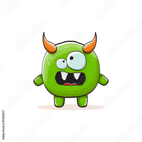 Vector cartoon funky green monster with horn isolated on white background. Smiling silly green monster print sticker design template. Ghost, troll, gremlin, goblin, devil and monster