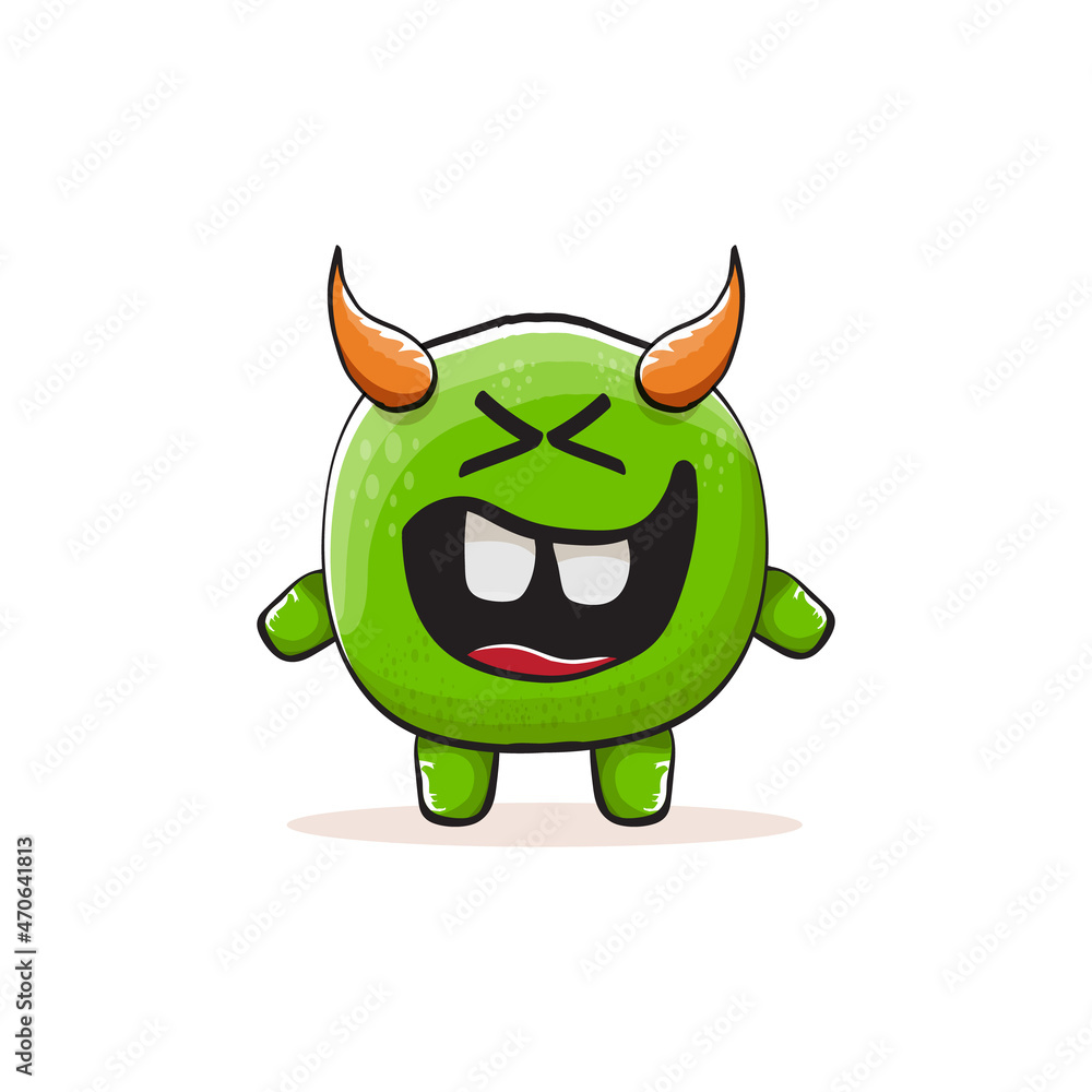 Fototapeta premium Vector cartoon funky green monster with horn isolated on white background. Smiling silly green monster print sticker design template. Ghost, troll, gremlin, goblin, devil and monster