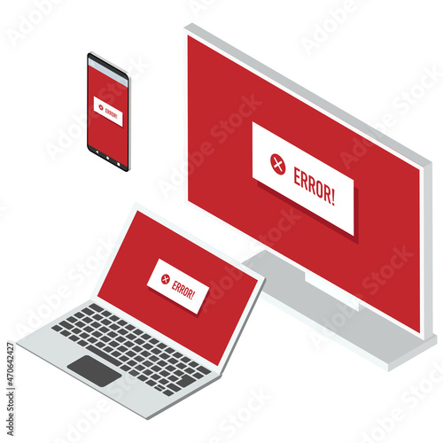 シンプルなエラー画面を表示するモニタ, ノートパソコン, スマートフォンなどデバイス のベクターイラスト 左向き