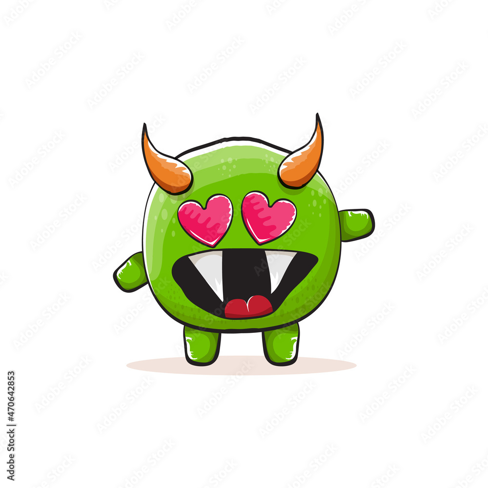 Fototapeta premium Vector cartoon funky green monster with horn isolated on white background. Smiling silly green monster print sticker design template. Ghost, troll, gremlin, goblin, devil and monster
