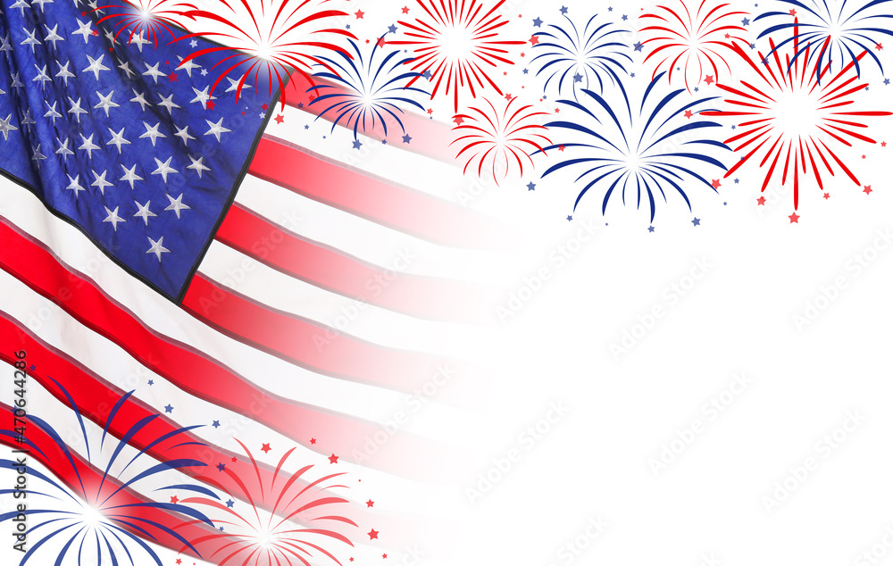 4th of july - Independence Day of USA. American national flag and fireworks on white background, space for design - obrazy, fototapety, plakaty 