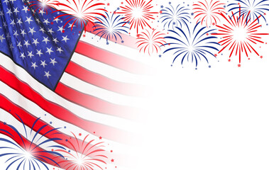 4th of july - Independence Day of USA. American national flag and fireworks on white background, space for design
