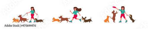 Girl walks three dogs and gets into various situations. Dogs walking concepts set