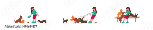 Girl walks three dogs and gets into various situations. Dogs walking concepts set