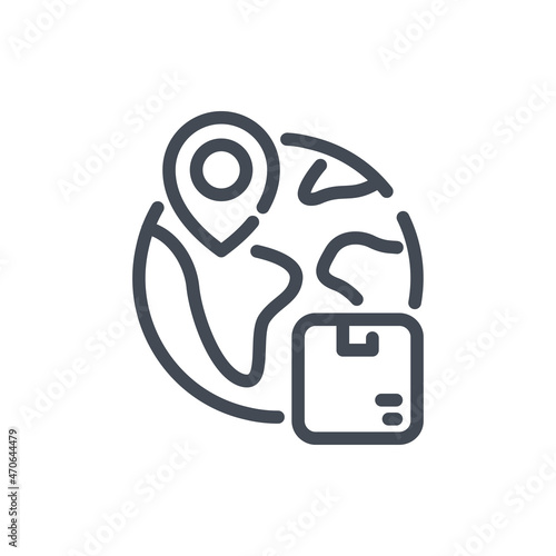 Worldwide shipping line icon. Planet, Location pin and Delivery box vector outline sign.