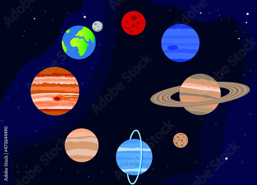 vector solar system. flat illustration of planets in solar system composition on dark space background