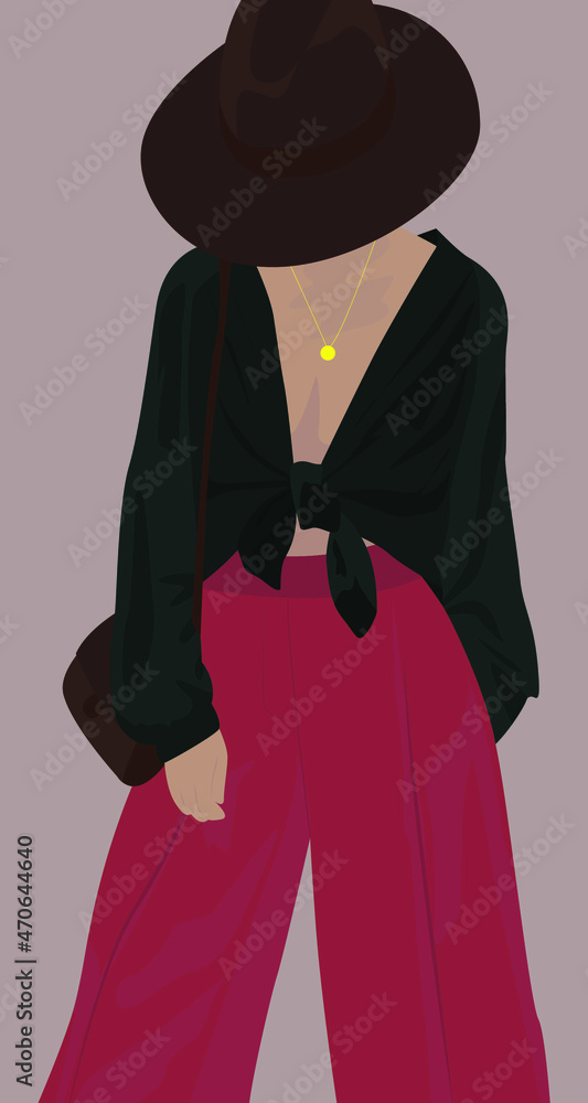 A young girl in a brown hat, with a brown bag, in a green shirt and burgundy trousers, with a necklace. Vector flat illustration. Design for cards, avatars, posters, backgrounds, templates.