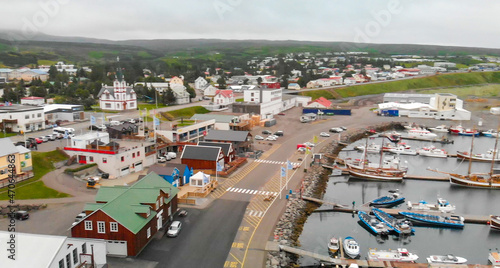 Aerial view of Husavik port in Northern Iceland, the city is famous for whales tours