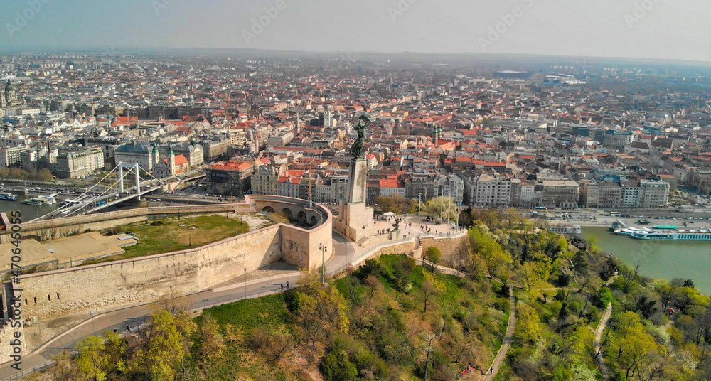 The Citadel and Budapest skyline. Panoramic aerial view of Hungarian Capital from the sky