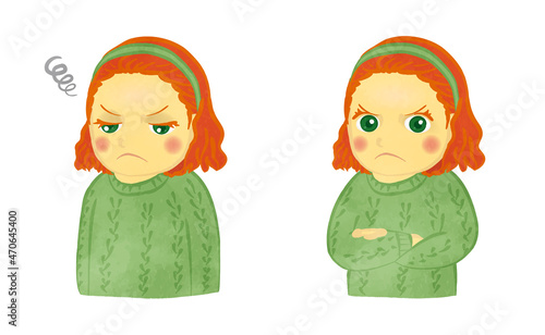 Cute girl's angry facial expression illustration set Redhead Ver