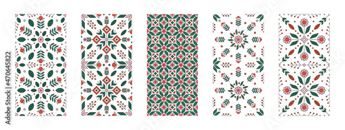 Fotografia Set of Scandinavian style floral seamless pattern with outline geometric flower