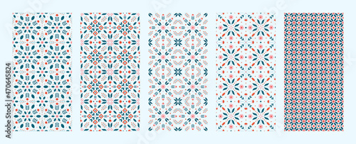 Set of nordic floral seamless pattern with geometric flower elements