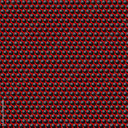 Grid with Black Spheres on Red Background. Perforated Texture Seamless Pattern Background, Dotted Technological Backdrop