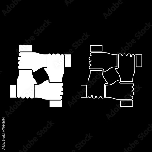 Four hands together concept teamwork united teamleading Arm interlocking with each other on wrist jointly collaboration icon white color vector illustration flat style image set