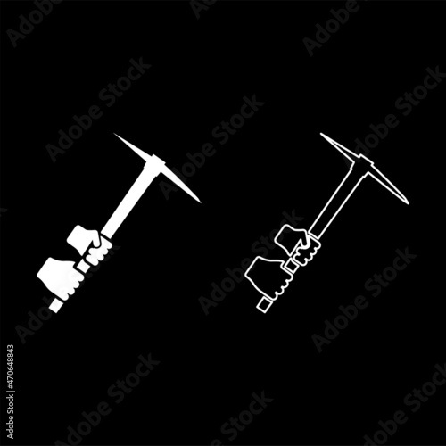 Mining pickaxe Mattock pick axe in hand icon white color vector illustration flat style image set