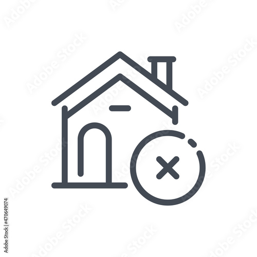 Remove house from list line icon. House building with cross vector outline sign.