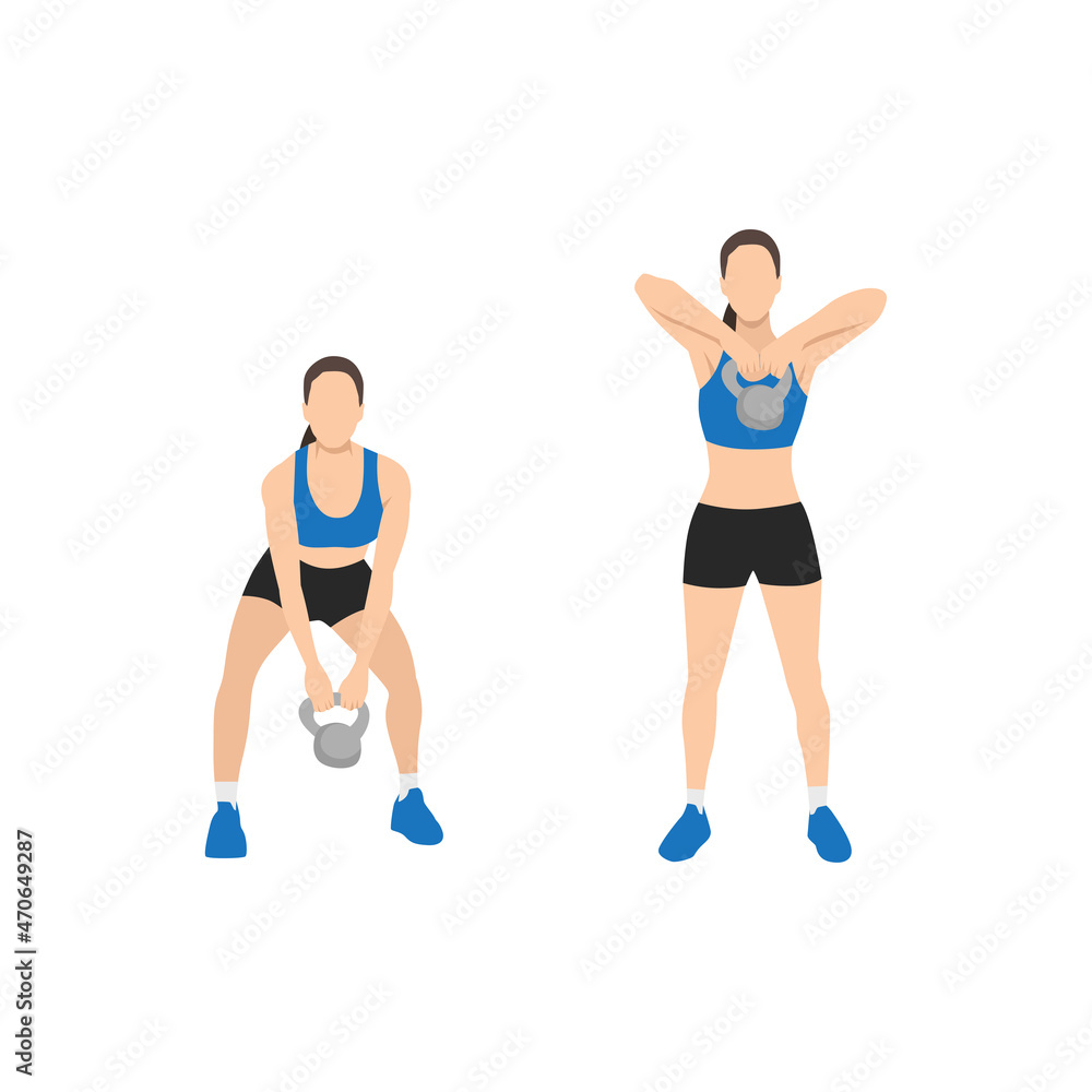 Woman doing Upright kettlebell front rows exercise. Flat vector illustration isolated on white background. workout character set Woman doing Upright kettlebell front rows exercise. Flat vector illustration isolated on white background. workout character set