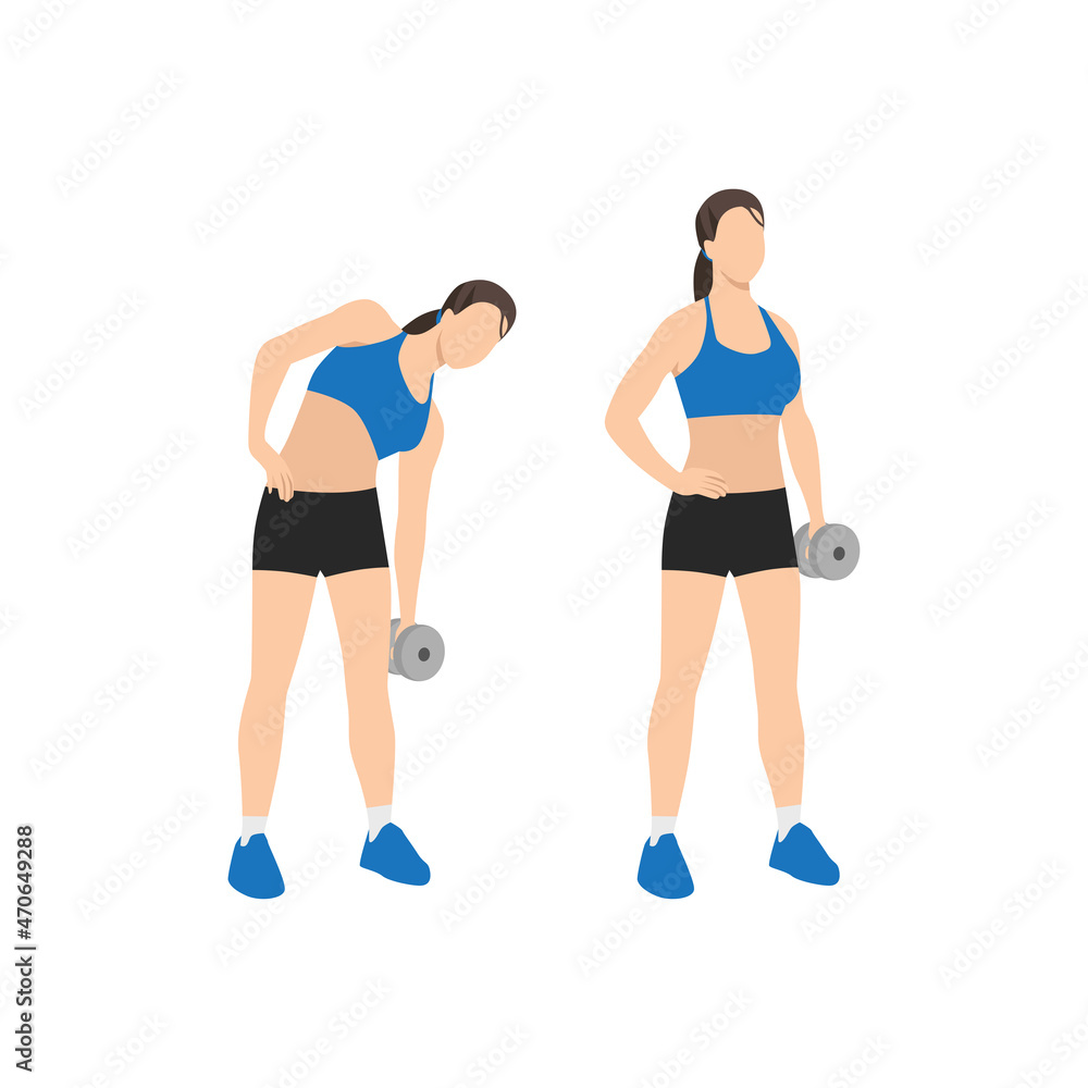 Woman doing Standing dumbbell side bends exercise. Flat vector