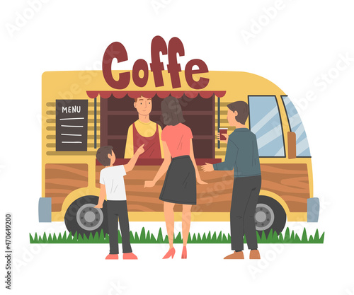 People Character Ordering Street Food at Van Vector Illustration