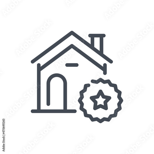 Quality building line icon. House building with star badge vector outline sign.