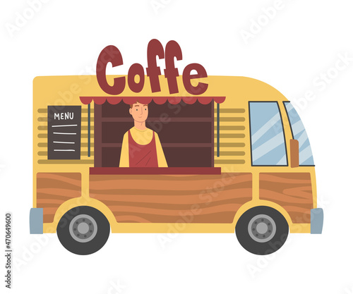 Young Man as Street Food Vendor Standing at Truck Counter Vector Illustration