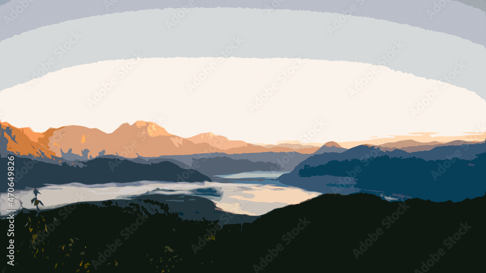 Cutout art of orange sunrise over blue mountains