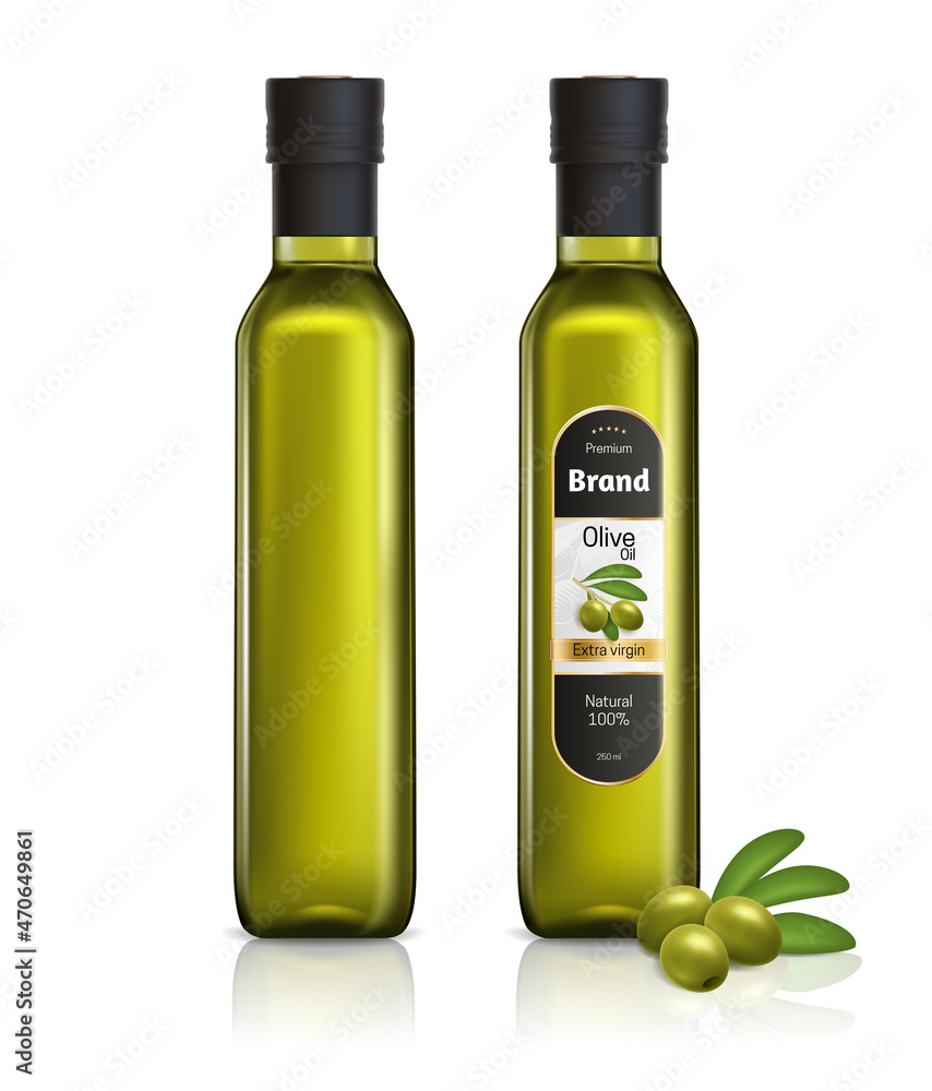 Realistic 3d Detailed Olive Oil Glass Bottles Empty and with Label Set Isolated on a White Background. Vector illustration Realistic 3d Detailed Olive Oil Glass Bottles Empty and with Label Set Isolated on a White Background. Vector illustration