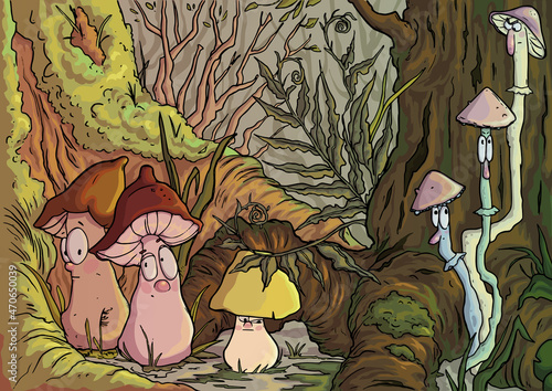 Mushrooms in forest. Funny cartoon characters. Colourful vector illustration © kateja