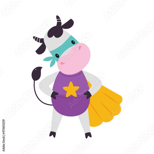 Horned Cow Animal Superhero Dressed in Mask and Cape Vector Illustration