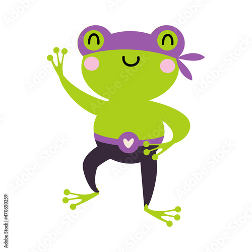 Green Frog Superhero Dressed in Mask Waving Paw Vector Illustration