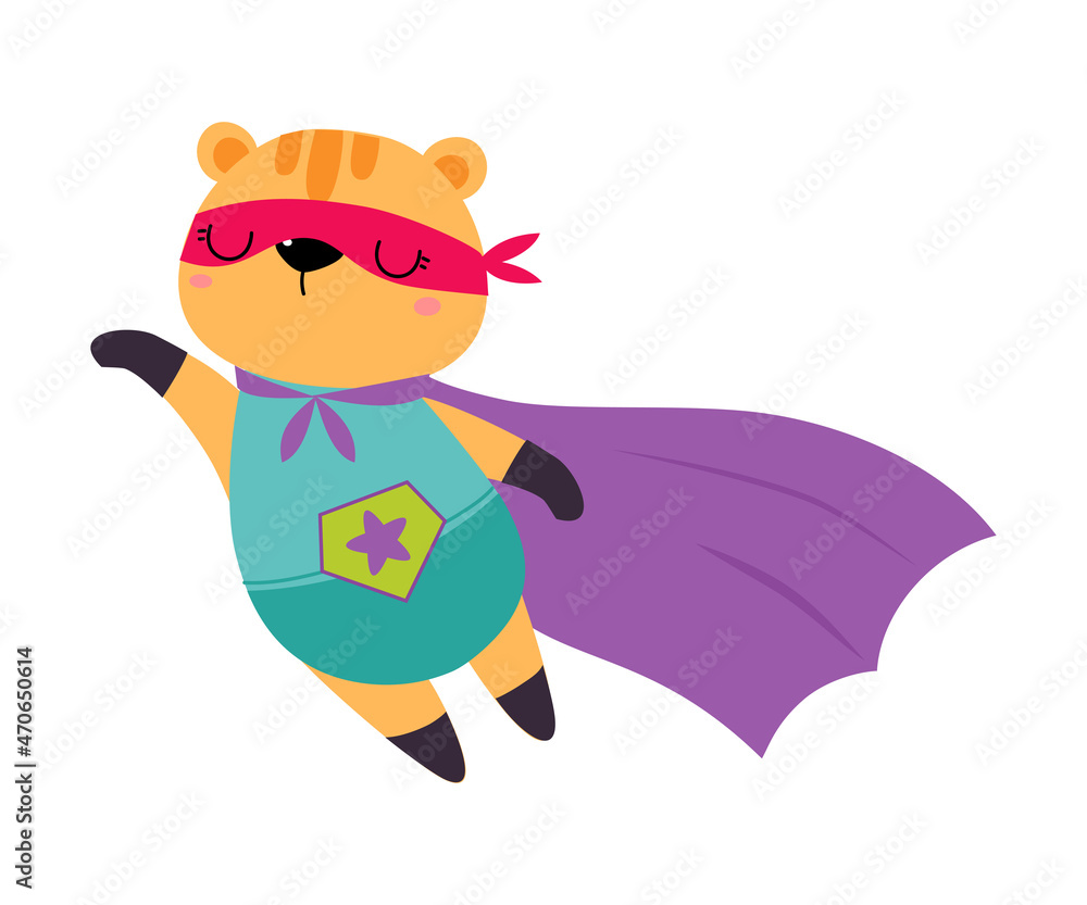 Flying Tiger Animal Superhero Dressed in Mask and Purple Cloak Vector Illustration