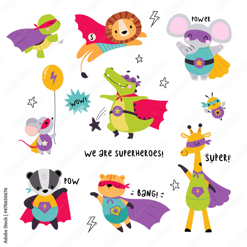 Obraz premium Animal Superhero Dressed in Mask and Cape or Cloak Vector Set