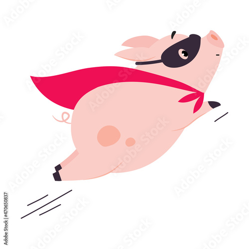 Pink Pig Superhero Character in Eye Mask and Cloak Flying Having Super Power Vector Illustration