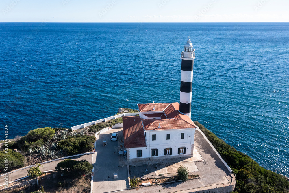 Aerial view, bay of Portocolom and Cala Parbacana, lighthouse, Punta de ses Crestes, Potocolom, Mallorca, Balearic Islands, Spain,